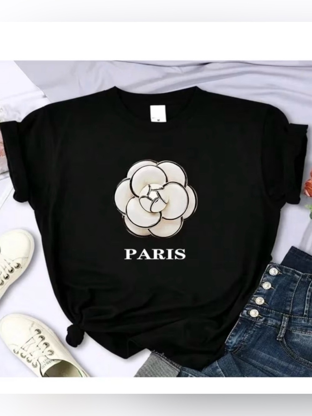 Black 'Paris' Floral Graphic Tee New